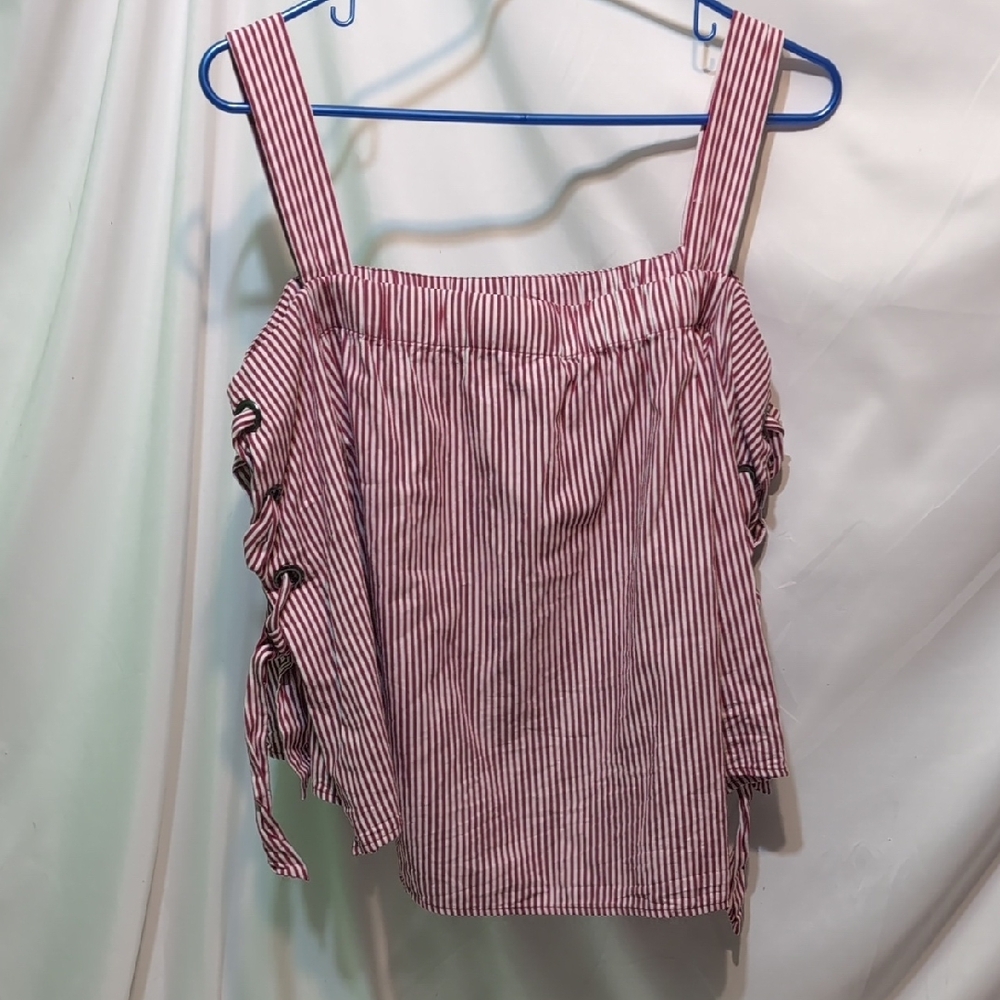 Heart Soul Red White Stripped Off The Shoulder Summer Top Lace Up Sleeves Large